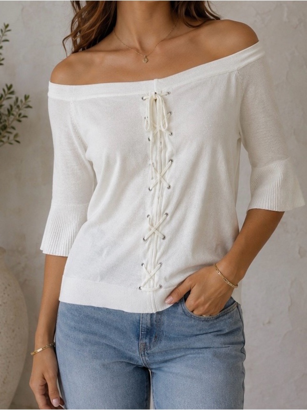 7th Avenue On or Off-Shoulder Lace-Up Soft Sweater